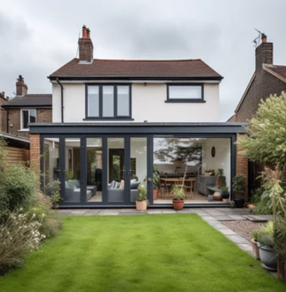 Rear house extension with anthracite grey bi-fold doors opening to garden